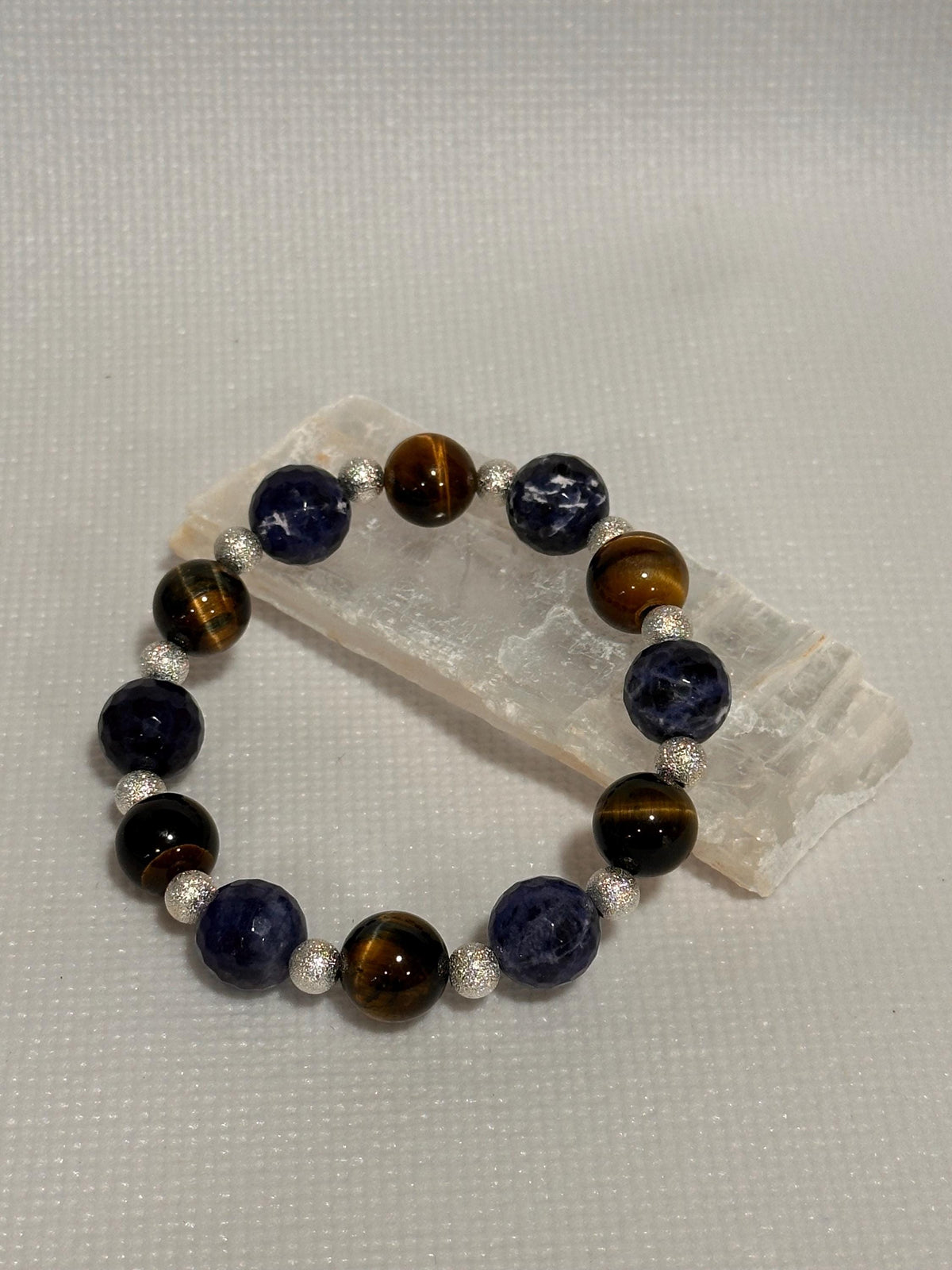 Unique Gemstone Stretch Bracelet, Sodalite and Yellow Tiger Eye with Sterling-plated accents, energy healing