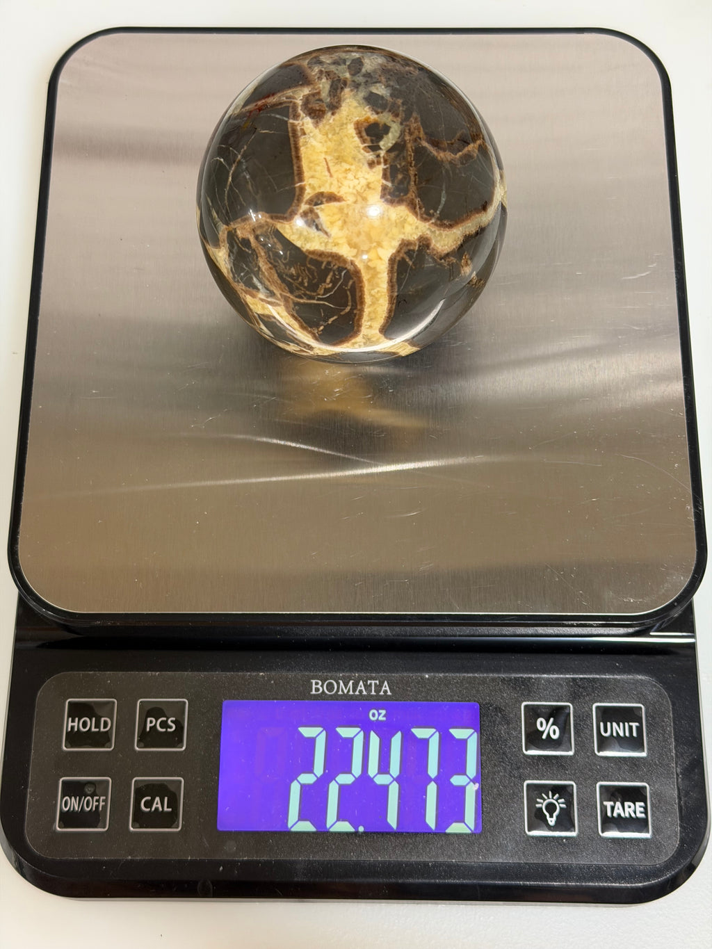 Septarian Nodule Sphere – 3 Inch Golden Calcite & Aragonite Display Mineral