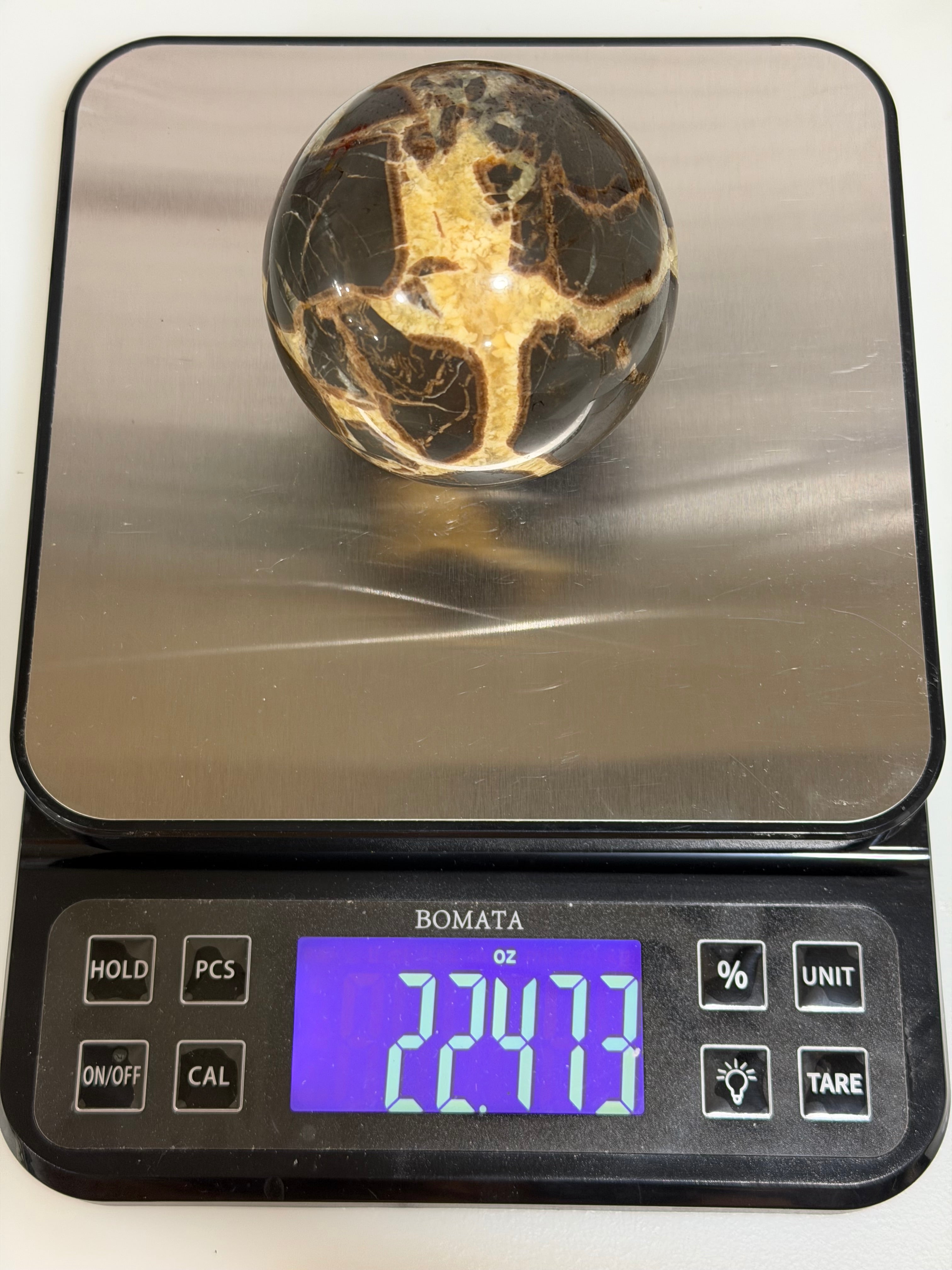 Septarian Nodule Sphere – 3 Inch Golden Calcite & Aragonite Display Mineral