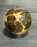 Septarian Nodule Sphere – 3 Inch Golden Calcite & Aragonite Display Mineral