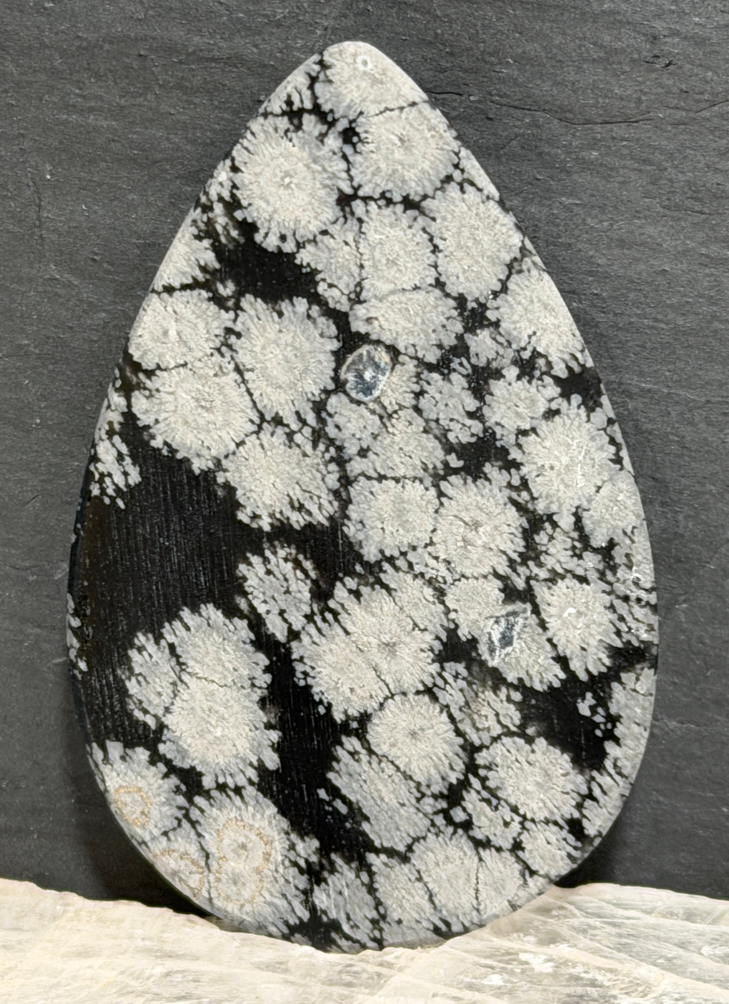 Snowflake Obsidian Cabochon-Hand Cut Teardrop Cab-Dramatic Black and Silver Gemstone-Designer Jewelry Stone-One of a Kind