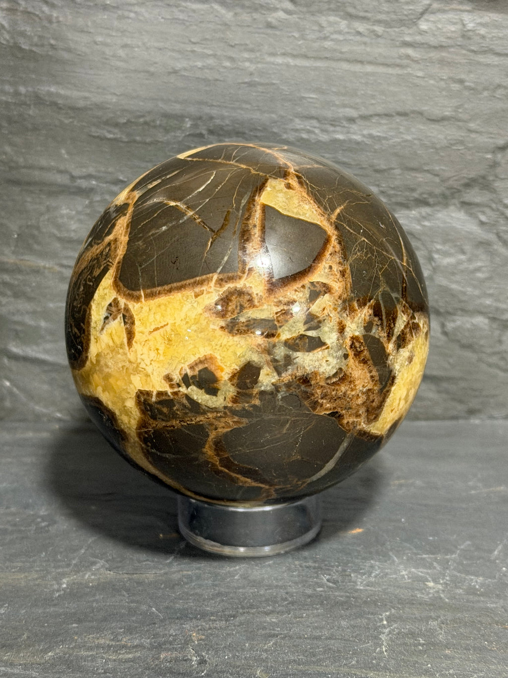 Septarian Nodule Sphere – 3 Inch Golden Calcite & Aragonite Display Mineral