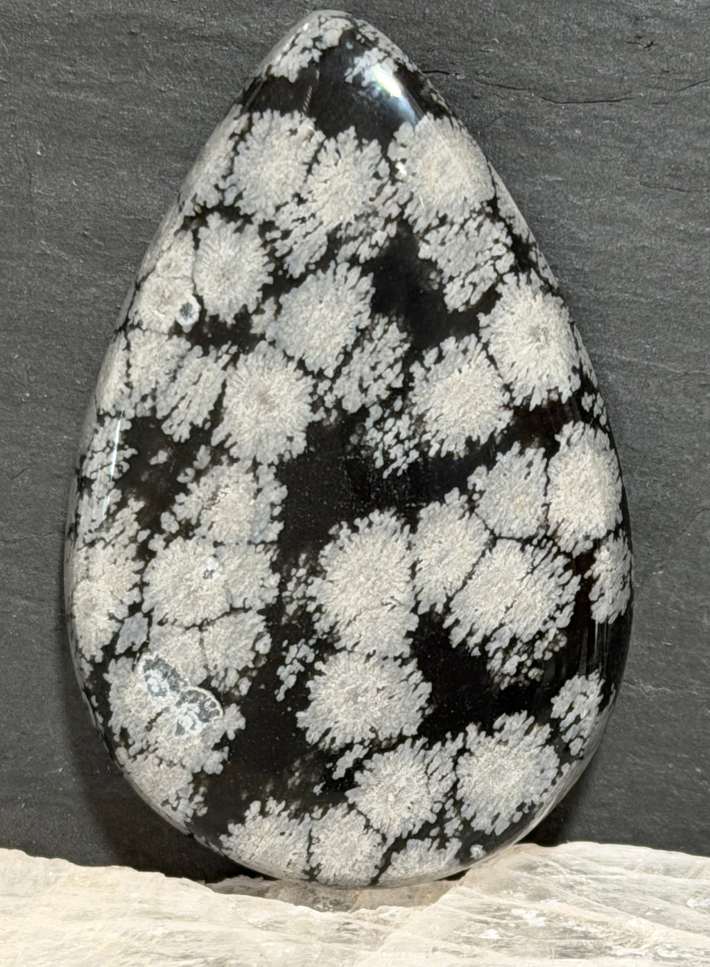 Snowflake Obsidian Cabochon-Hand Cut Teardrop Cab-Dramatic Black and Silver Gemstone-Designer Jewelry Stone-One of a Kind