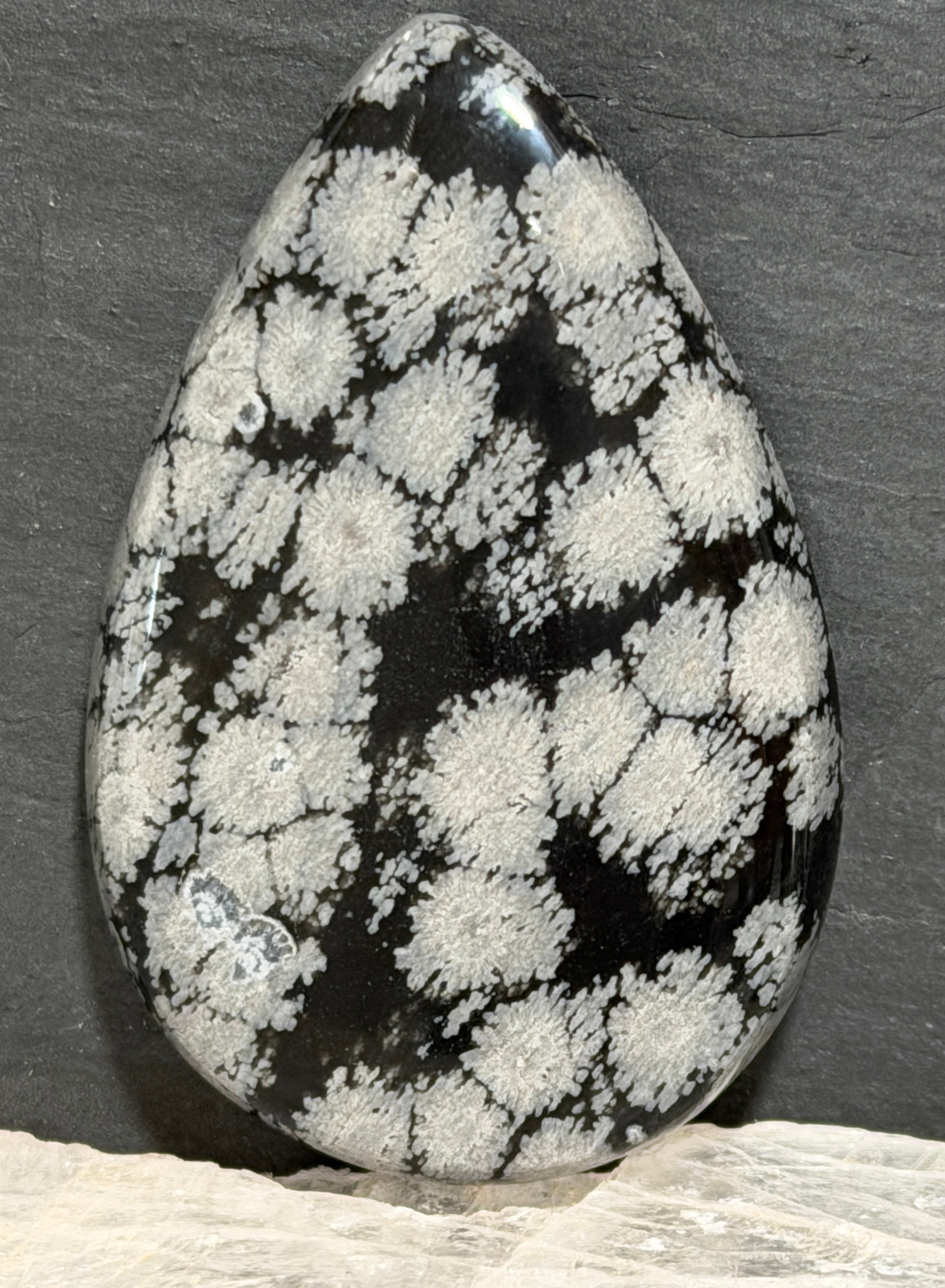 Snowflake Obsidian Cabochon-Hand Cut Teardrop Cab-Dramatic Black and Silver Gemstone-Designer Jewelry Stone-One of a Kind