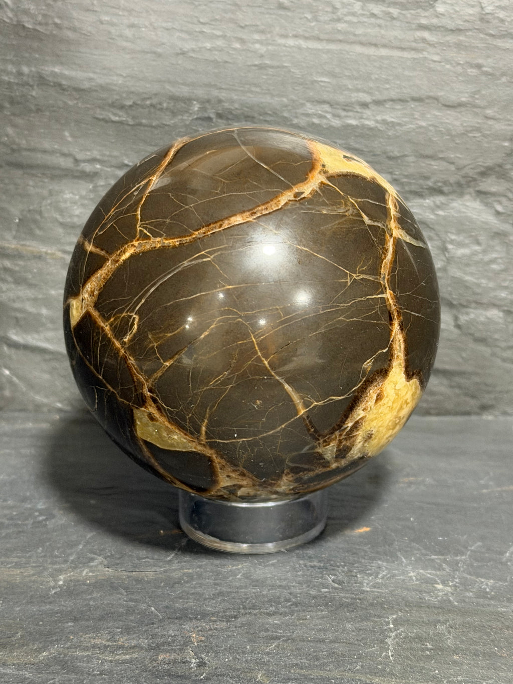Septarian Nodule Sphere – 3 Inch Golden Calcite & Aragonite Display Mineral