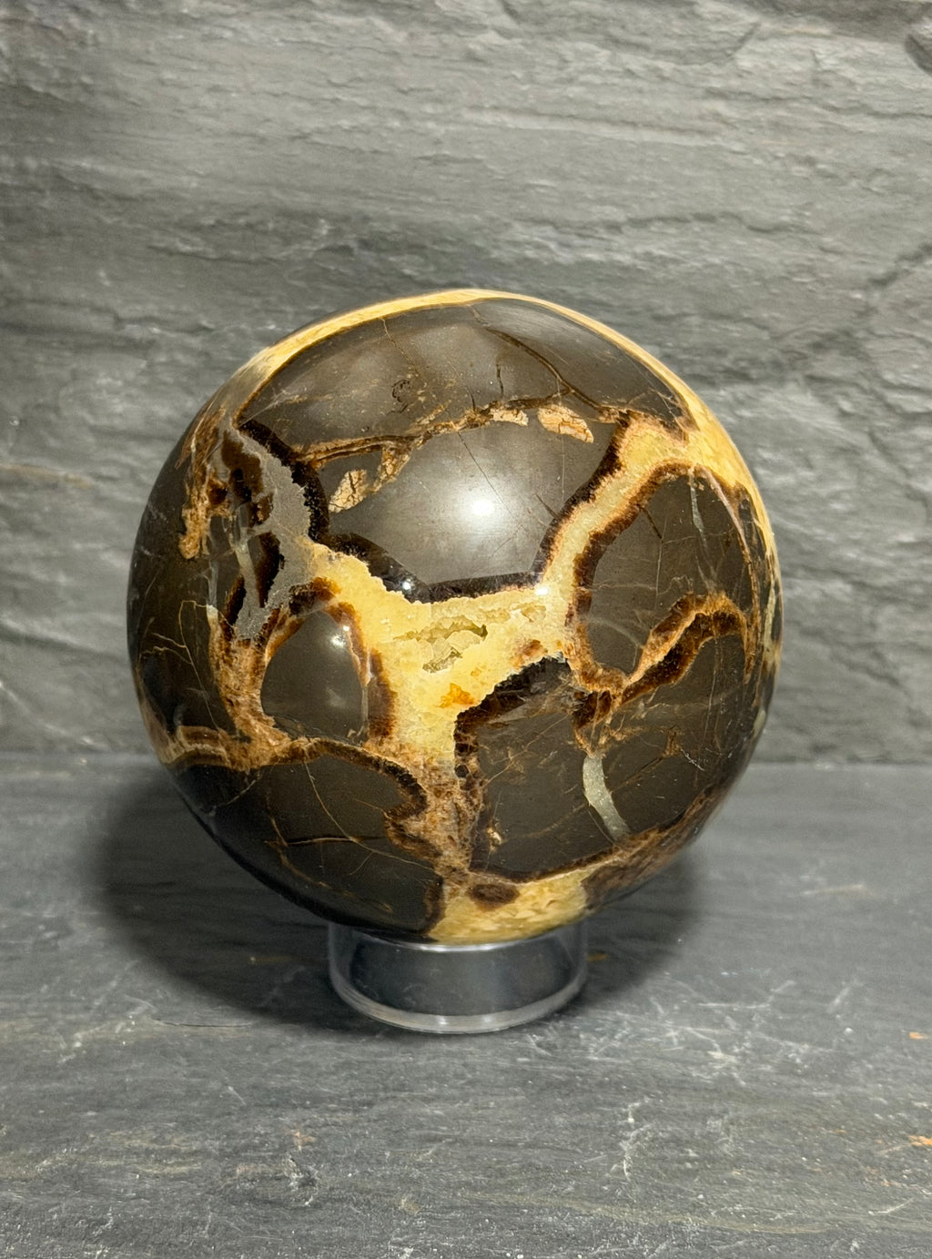 Septarian Nodule Sphere – 3 Inch Golden Calcite & Aragonite Display Mineral