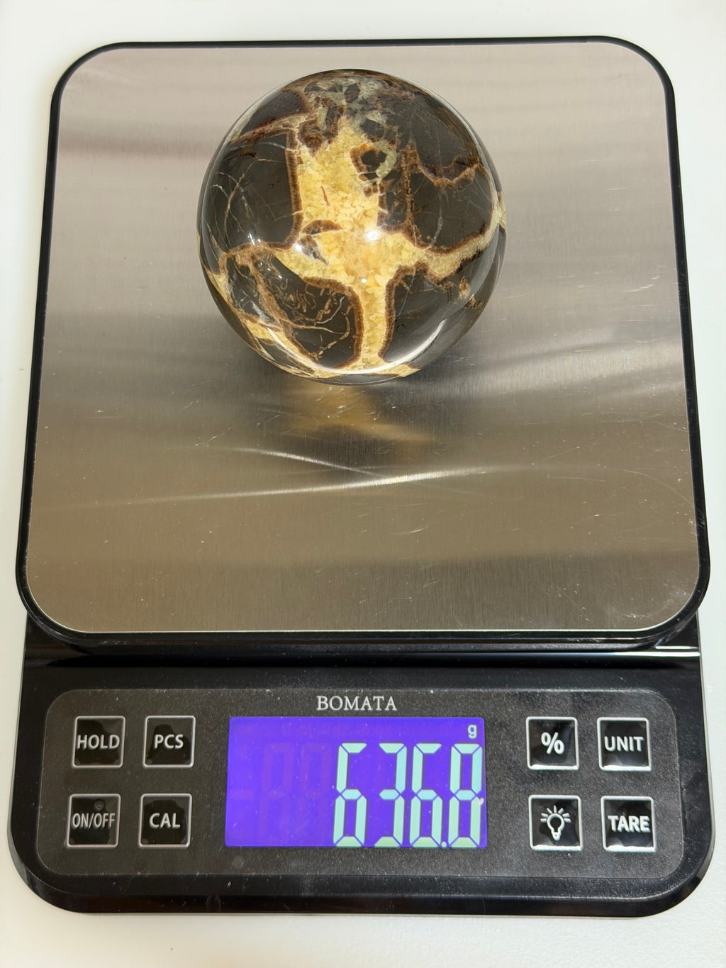 Septarian Nodule Sphere – 3 Inch Golden Calcite & Aragonite Display Mineral