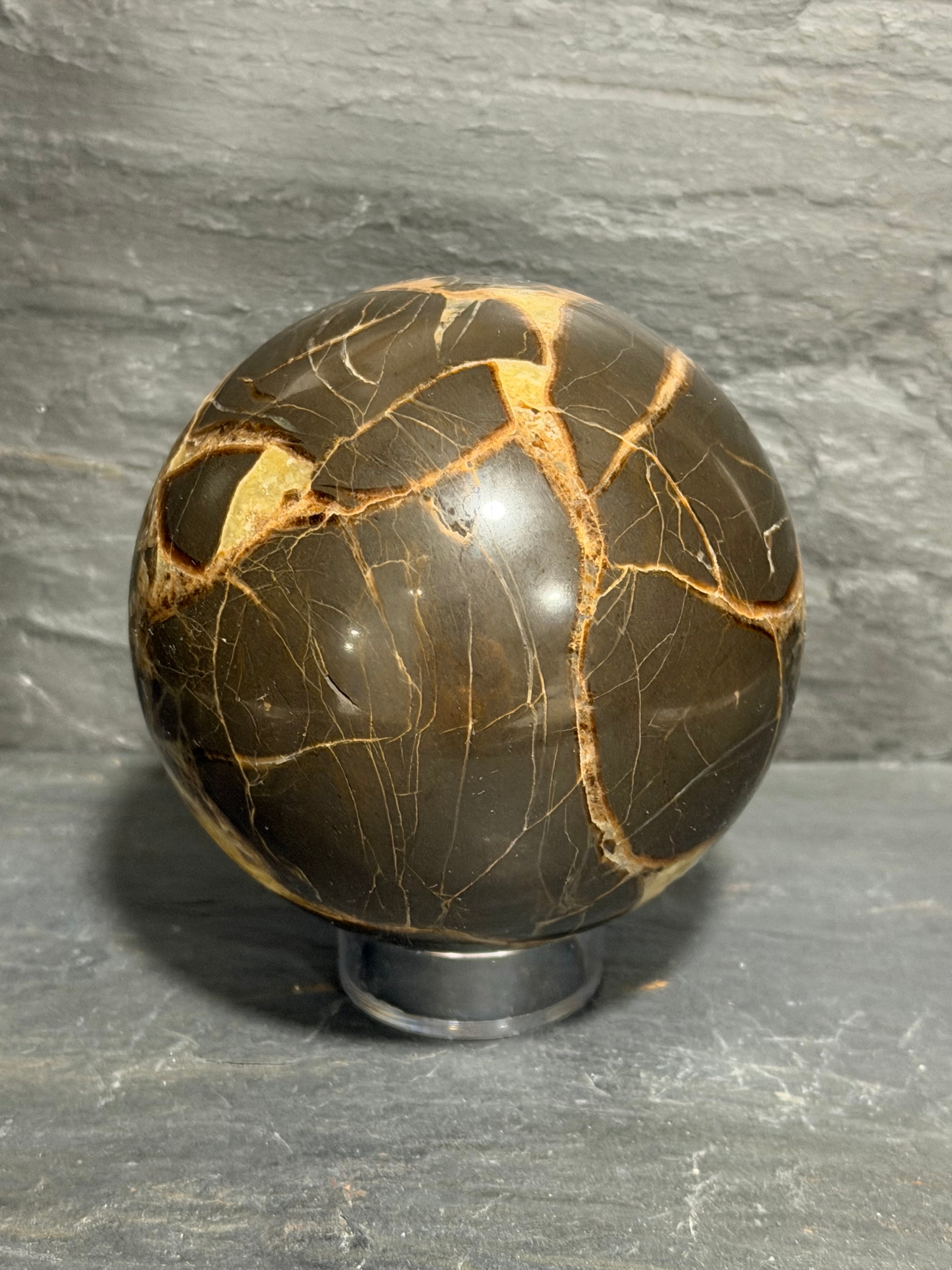 Septarian Nodule Sphere – 3 Inch Golden Calcite & Aragonite Display Mineral