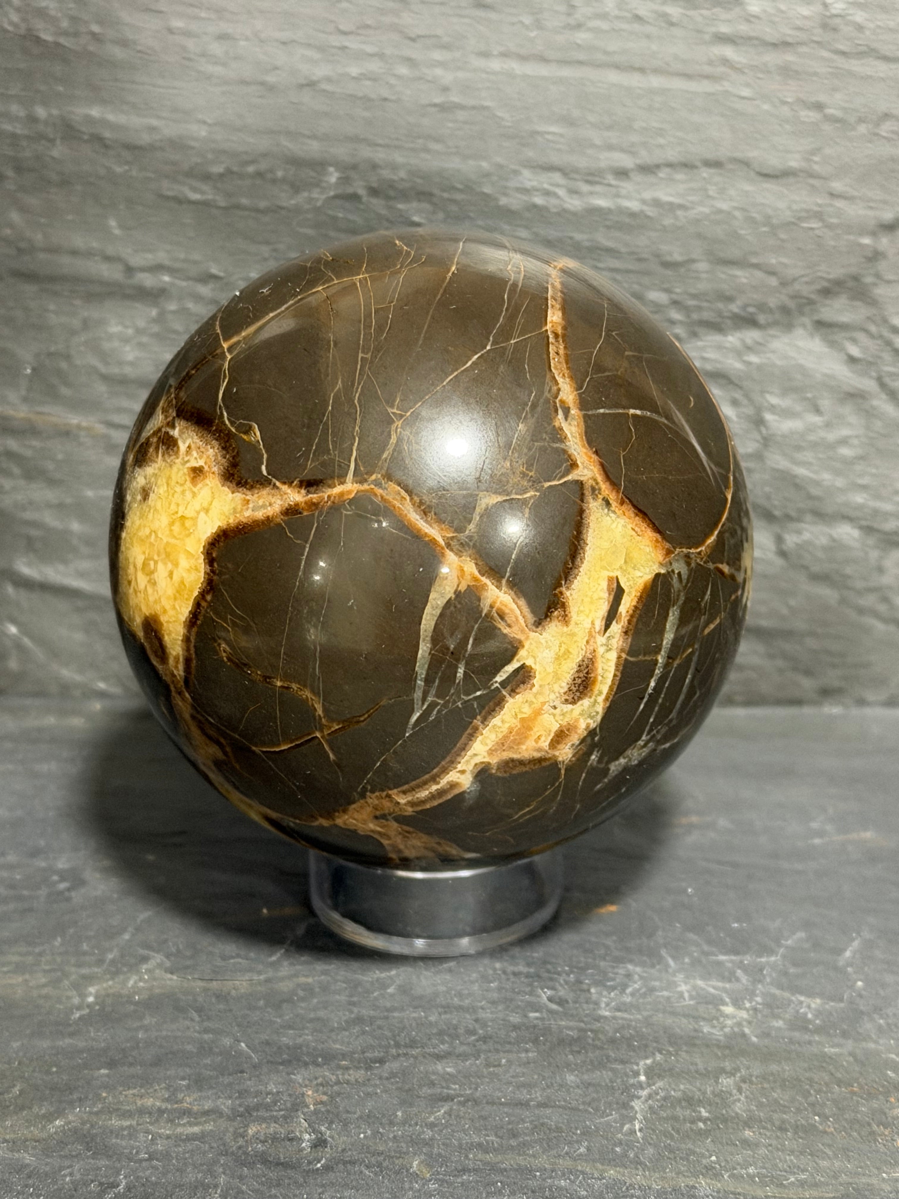Septarian Nodule Sphere – 3 Inch Golden Calcite & Aragonite Display Mineral
