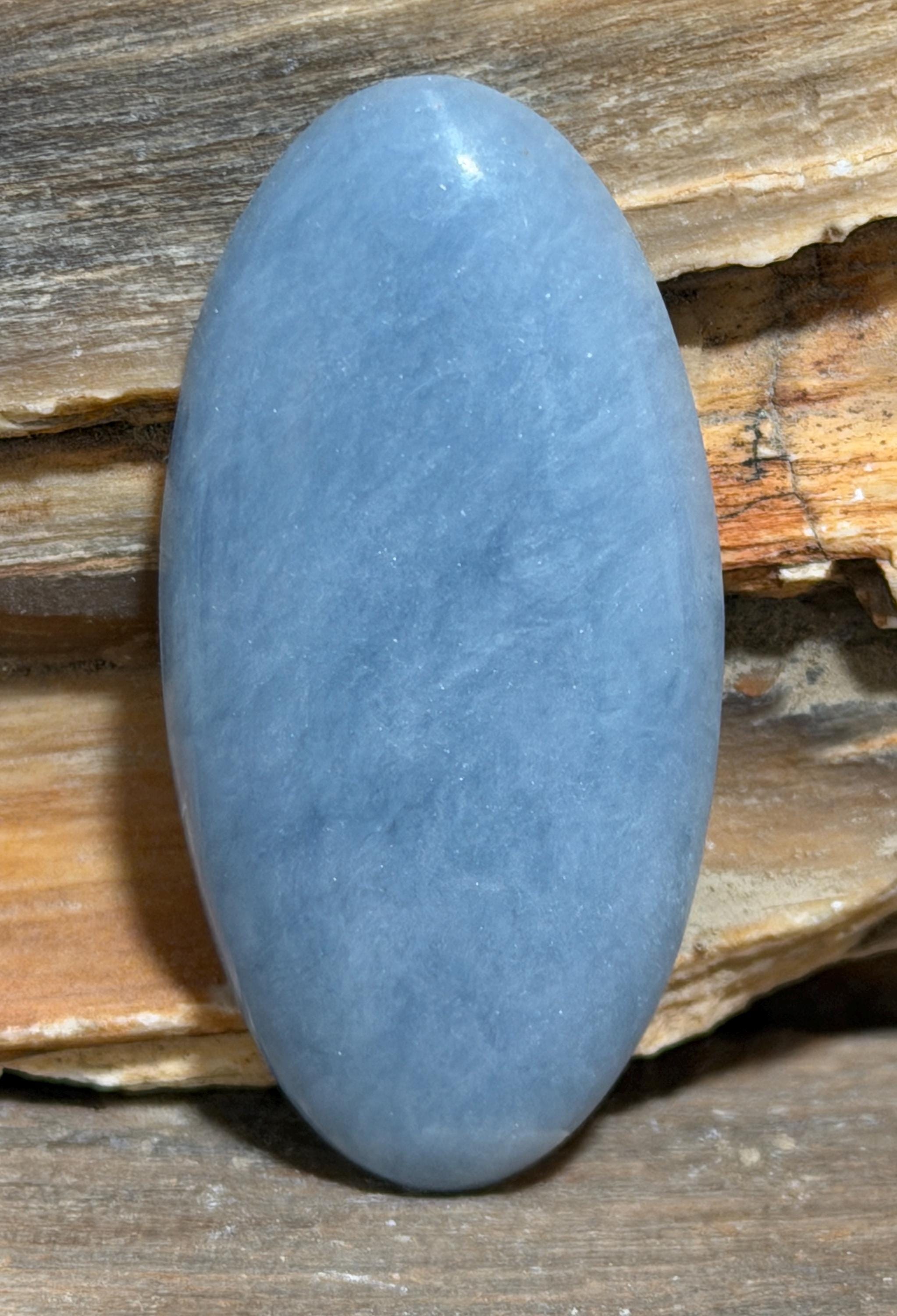 A polished natural blue oval Angelite cabochon gemstone with opalescence against petrified wood.