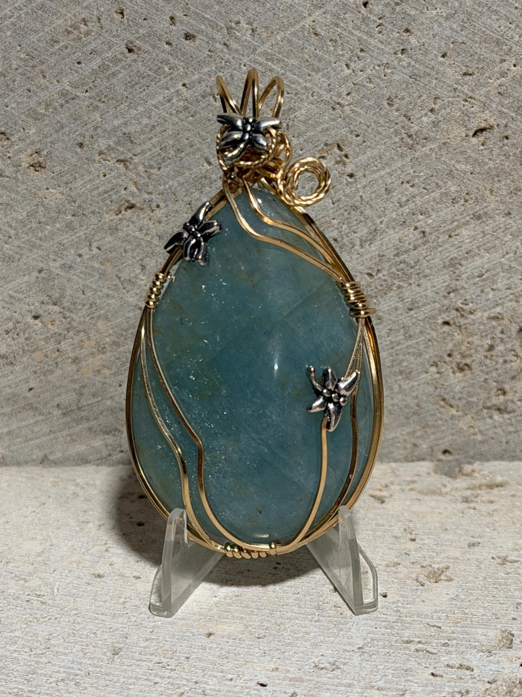 Aquamarine Pendant, Wire Wrapped in 14/20 Yellow Gold, Whimsical Jewelry, Silver Dragonflies
