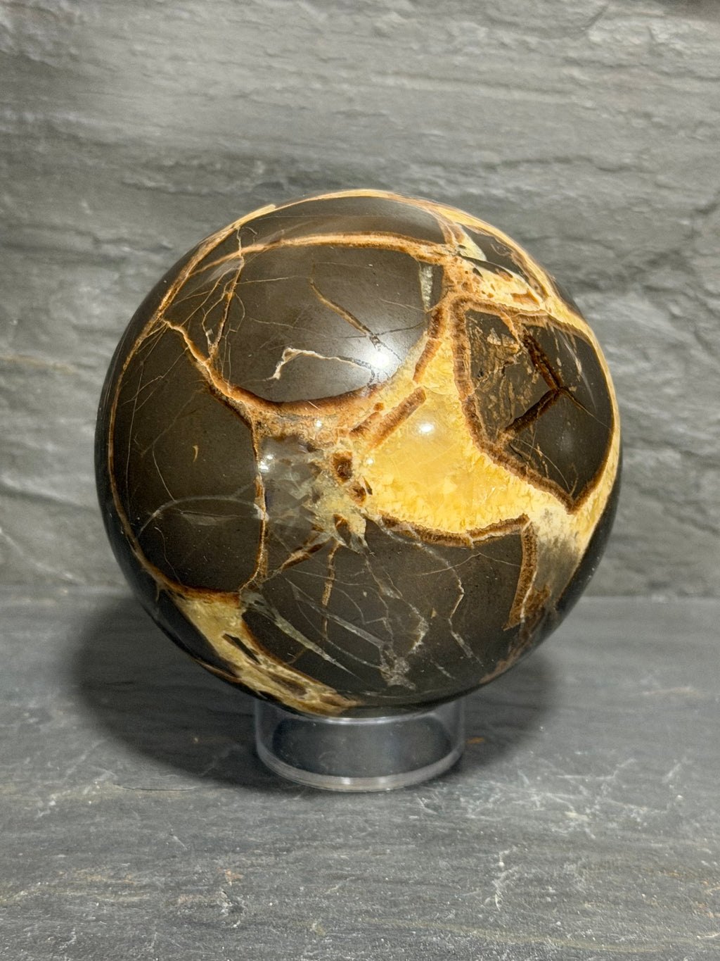 Septarian Nodule Sphere – 3 Inch Golden Calcite & Aragonite Display Mineral