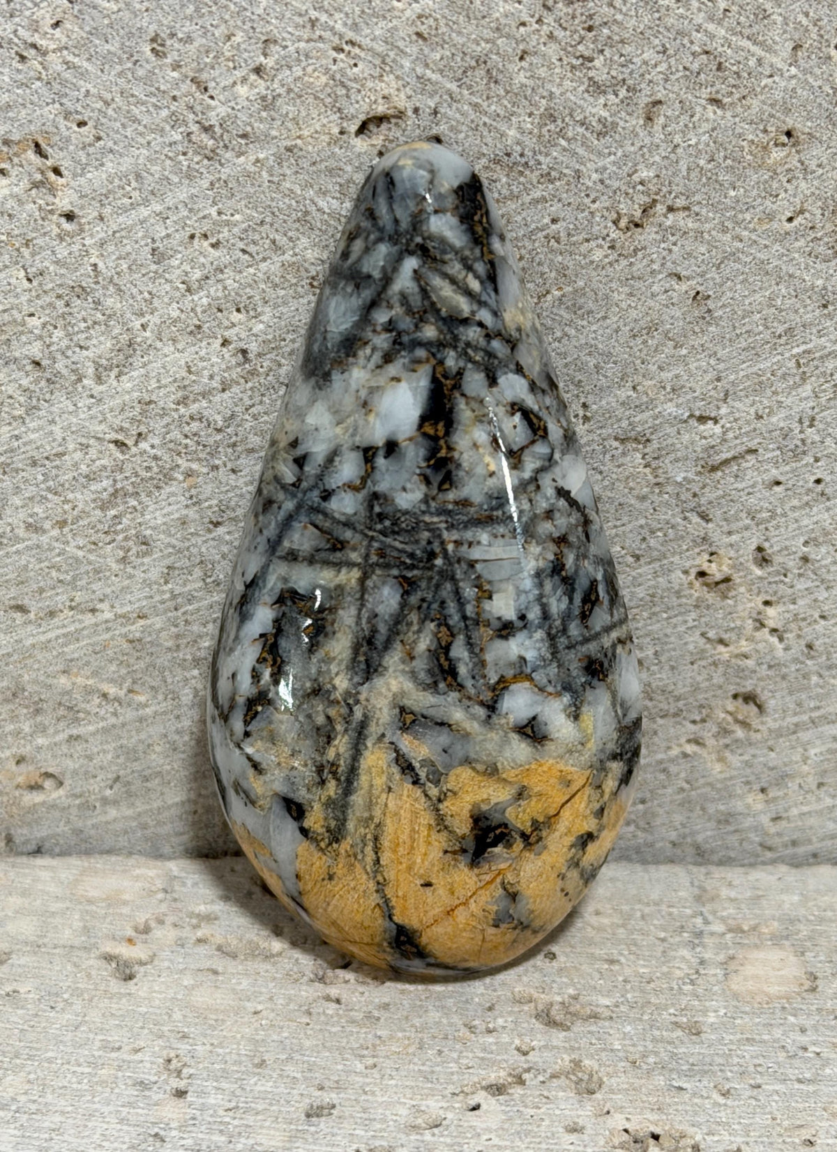 Canadian Pinolith large teardrop cabochon, yellow breccia gemstone for jewelry making—RARE
