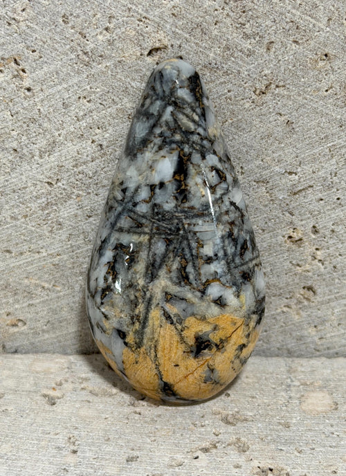 Canadian Pinolith large teardrop cabochon, yellow breccia gemstone for jewelry making—RARE