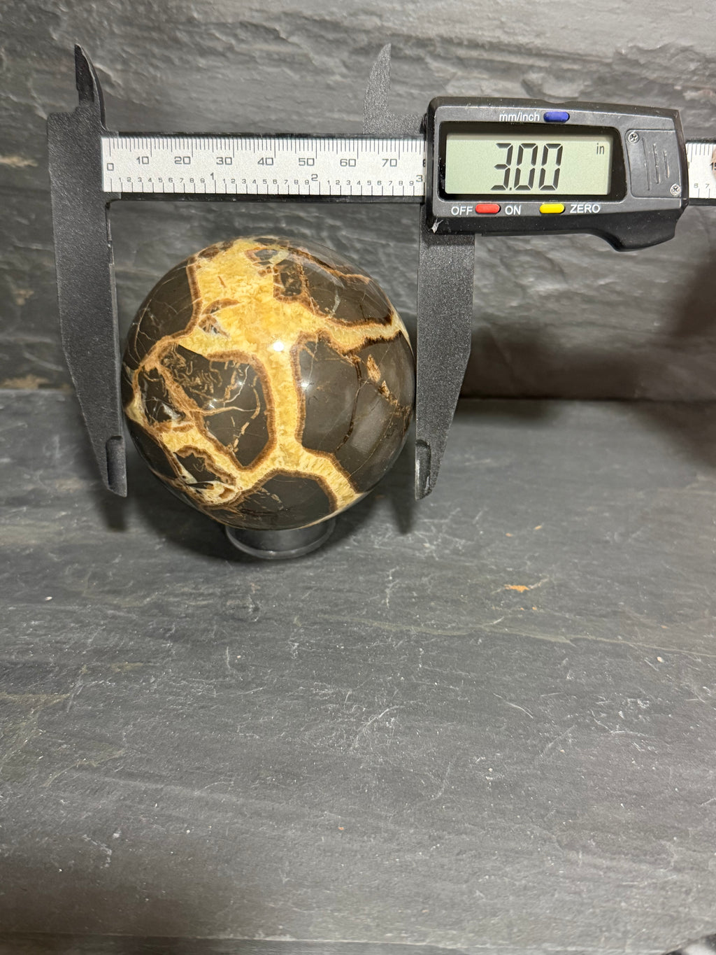 Septarian Nodule Sphere – 3 Inch Golden Calcite & Aragonite Display Mineral