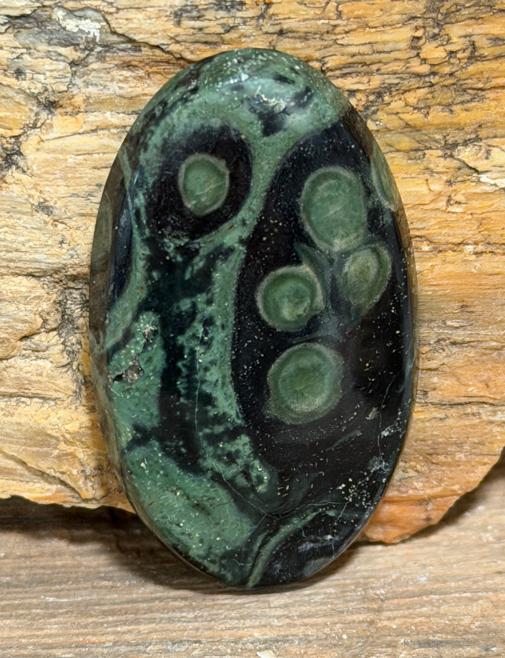 Kambaba Jasper Cabochon, Large Orbicular Oval, Green Black Gemstone, Hand Cut Jewelry Stone