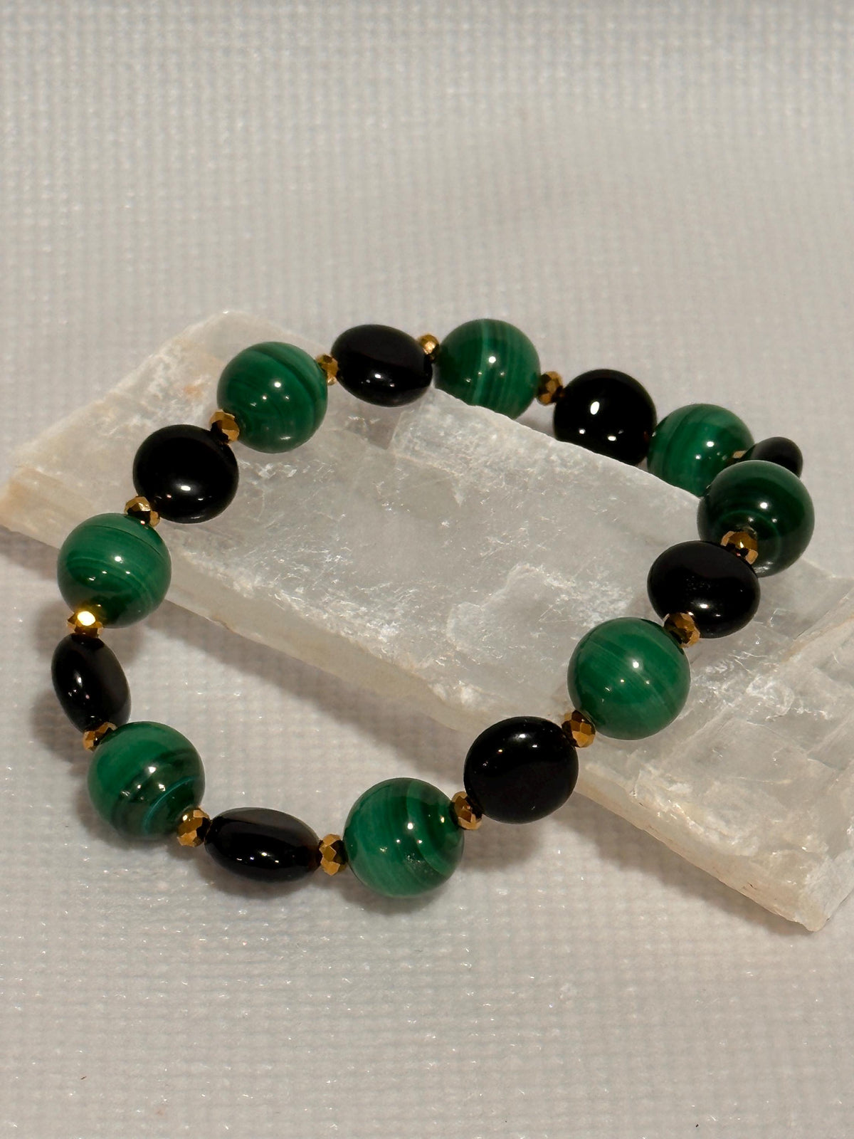 Gemstone stretch bracelet, Malachite and Obsidian with gold crystal accents, energy healing
