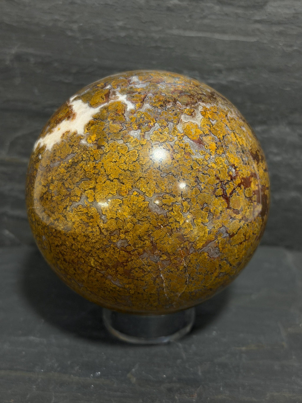 Maury Mountain Moss Agate Sphere, Oregon Moss Agate, Golden Ochre Plume Agate, 3.08 Inch Polished Stone Sphere
