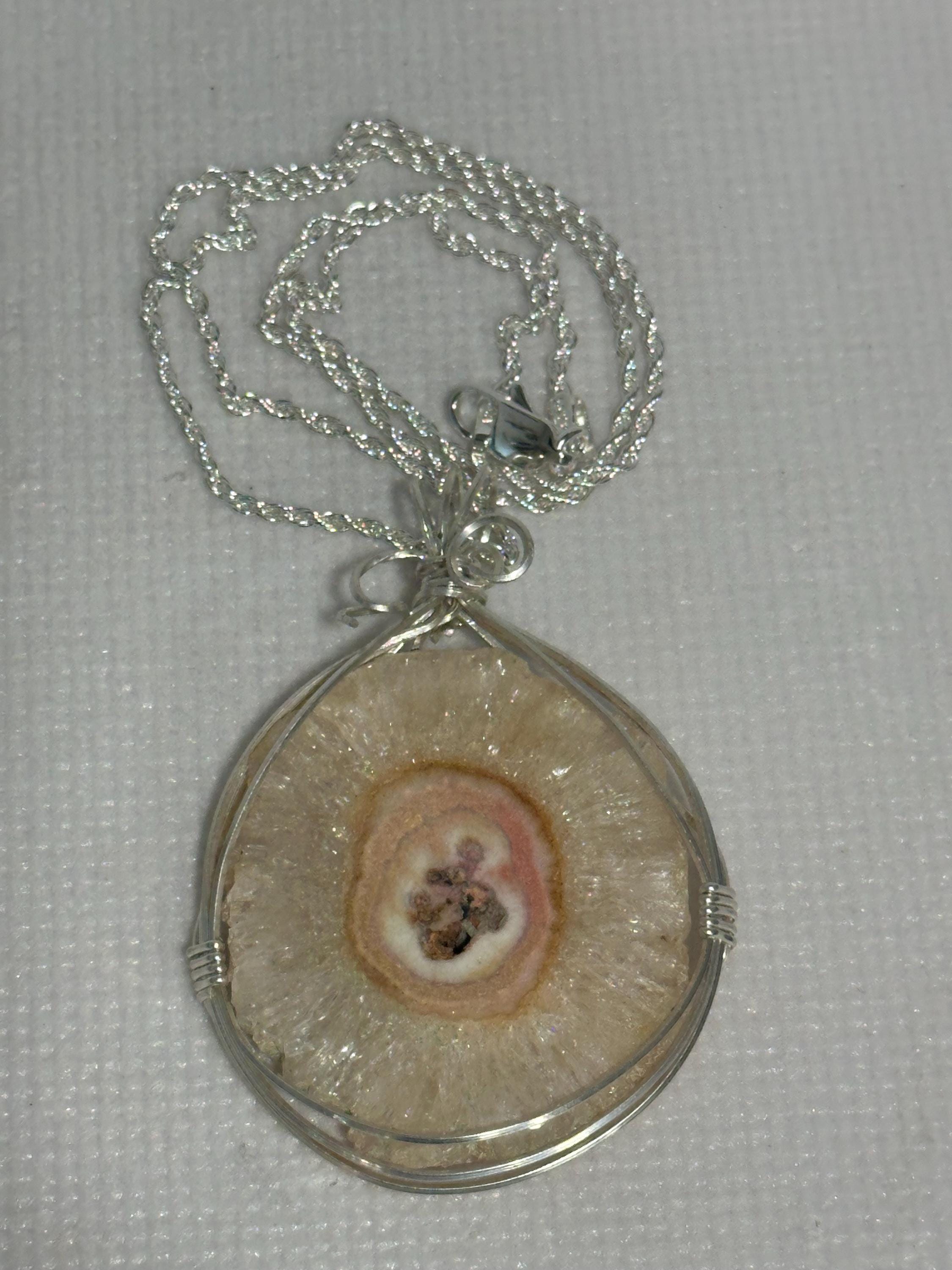 Geode Necklace, Argentium Silver Wire Wrapped stone, Italian 925 Silver Chain