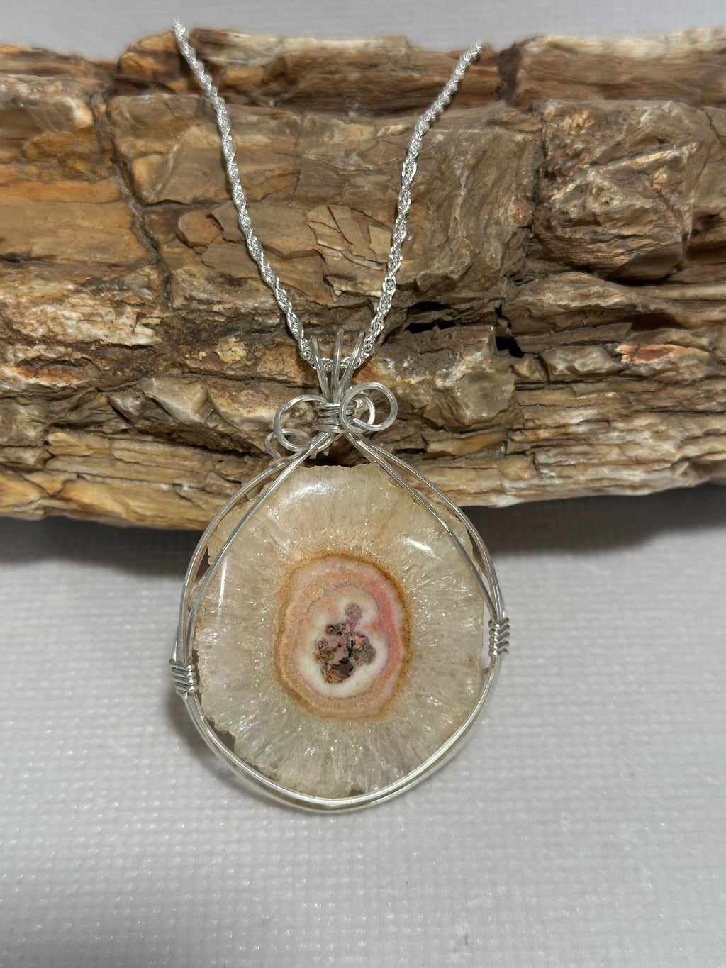 Geode Necklace, Argentium Silver Wire Wrapped stone, Italian 925 Silver Chain