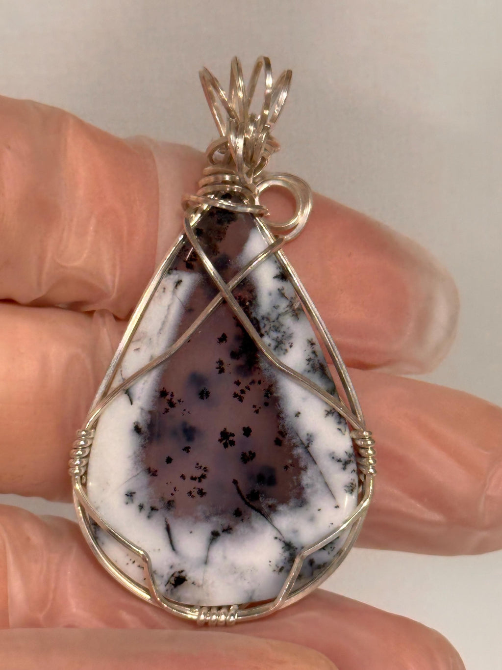 Dendritic Agate Pendant, Wire Wrapped Argentium Silver, Artisan Jewelry