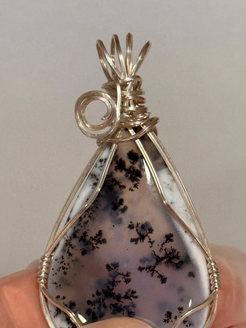 Dendritic Agate Pendant, Wire Wrapped Argentium Silver, Artisan Jewelry