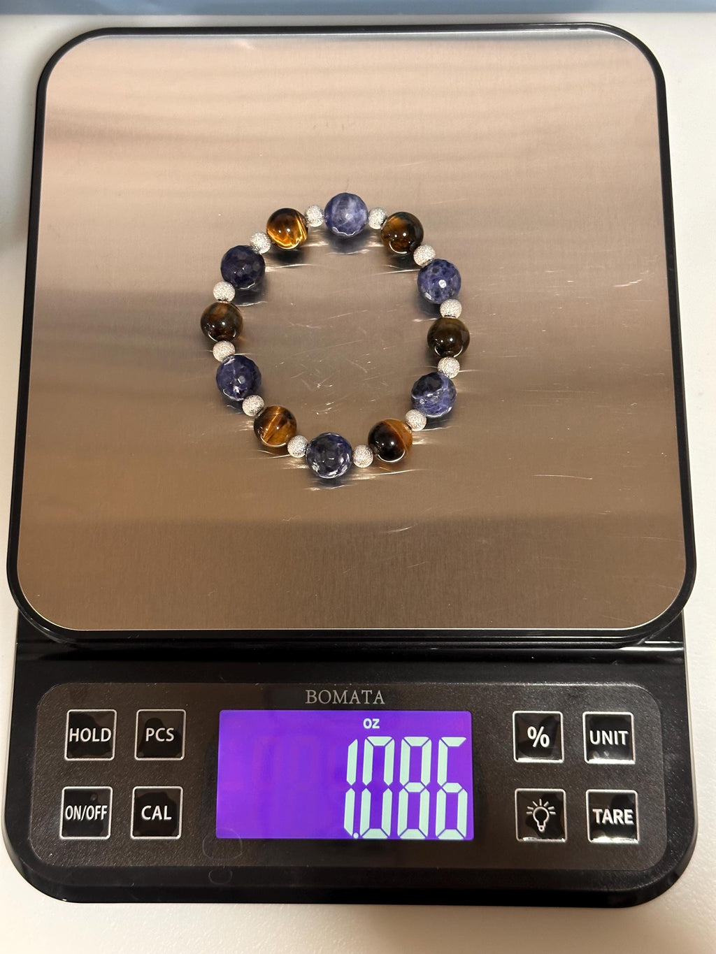Unique Gemstone Stretch Bracelet, Sodalite and Yellow Tiger Eye with Sterling-plated accents, energy healing