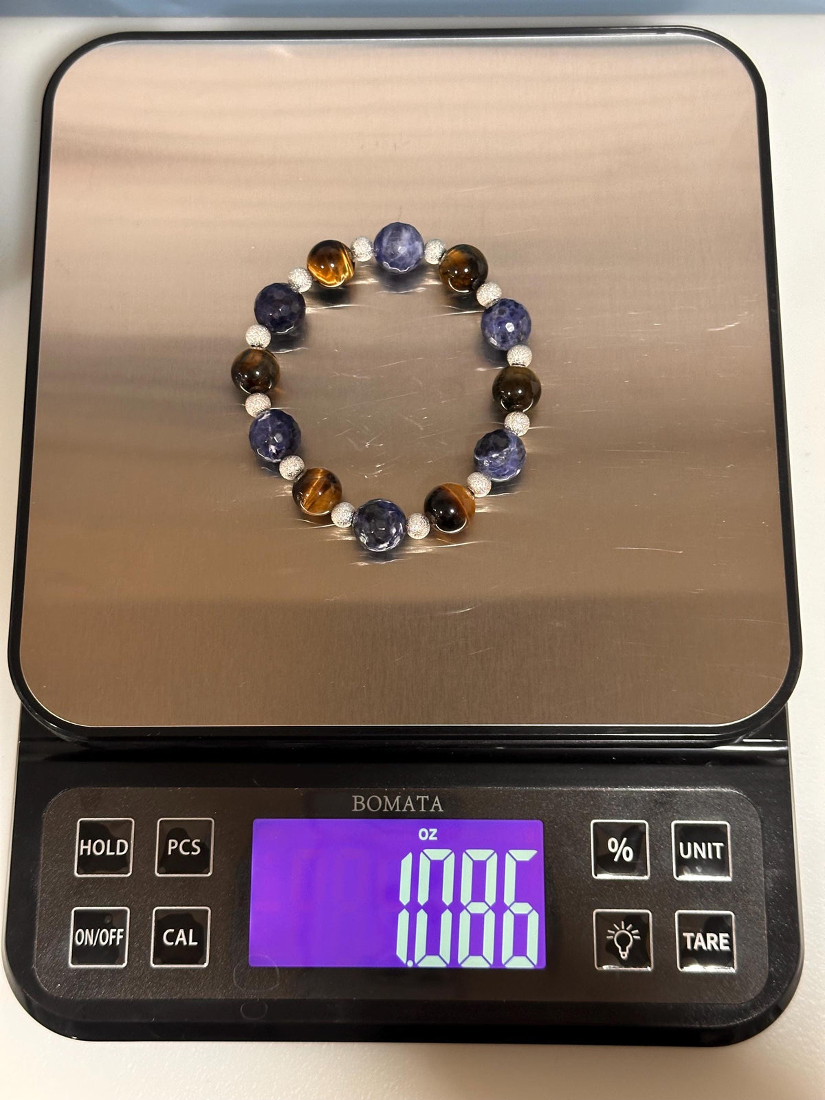 Unique Gemstone Stretch Bracelet, Sodalite and Yellow Tiger Eye with Sterling-plated accents, energy healing