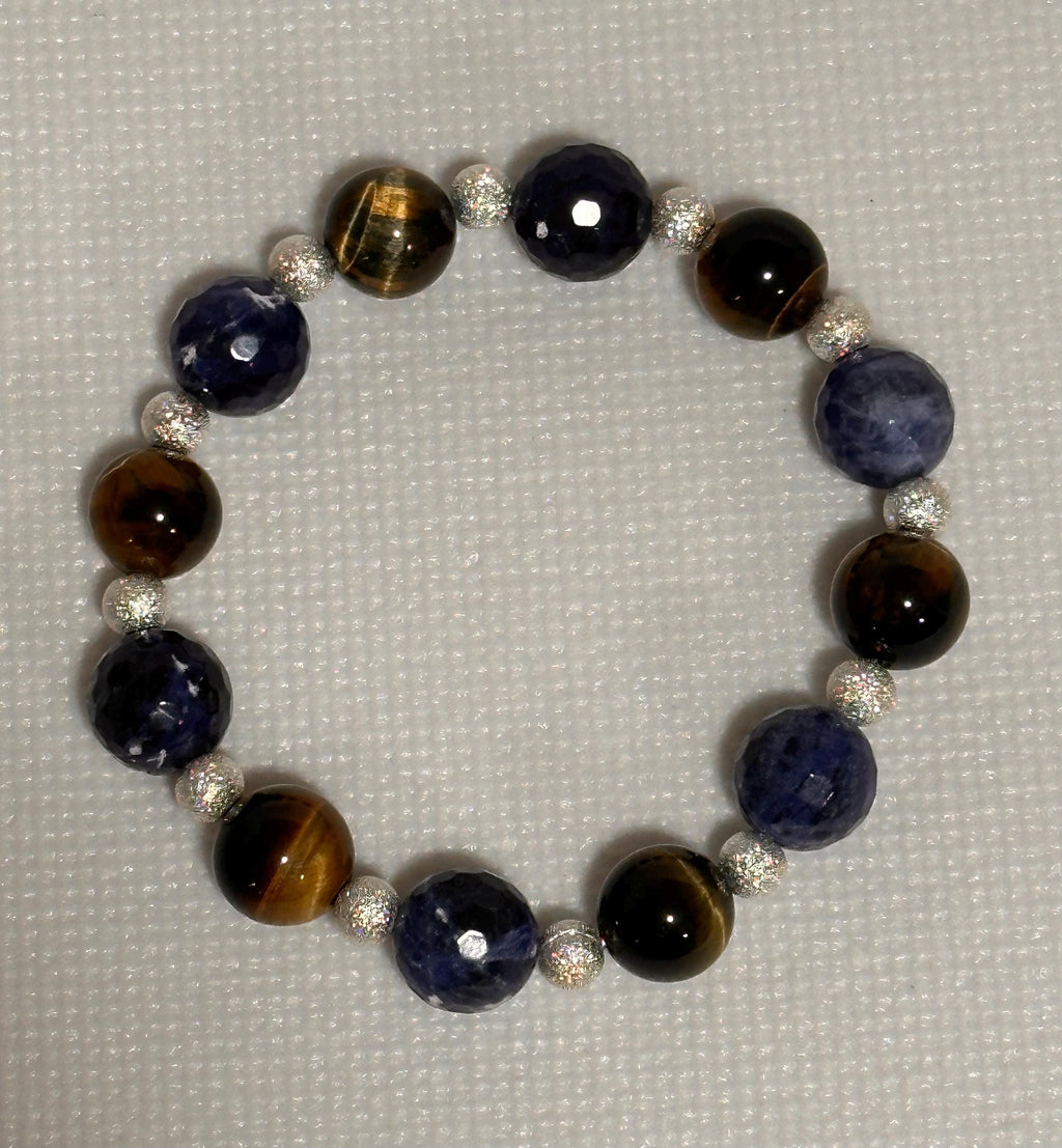 Unique Gemstone Stretch Bracelet, Sodalite and Yellow Tiger Eye with Sterling-plated accents, energy healing