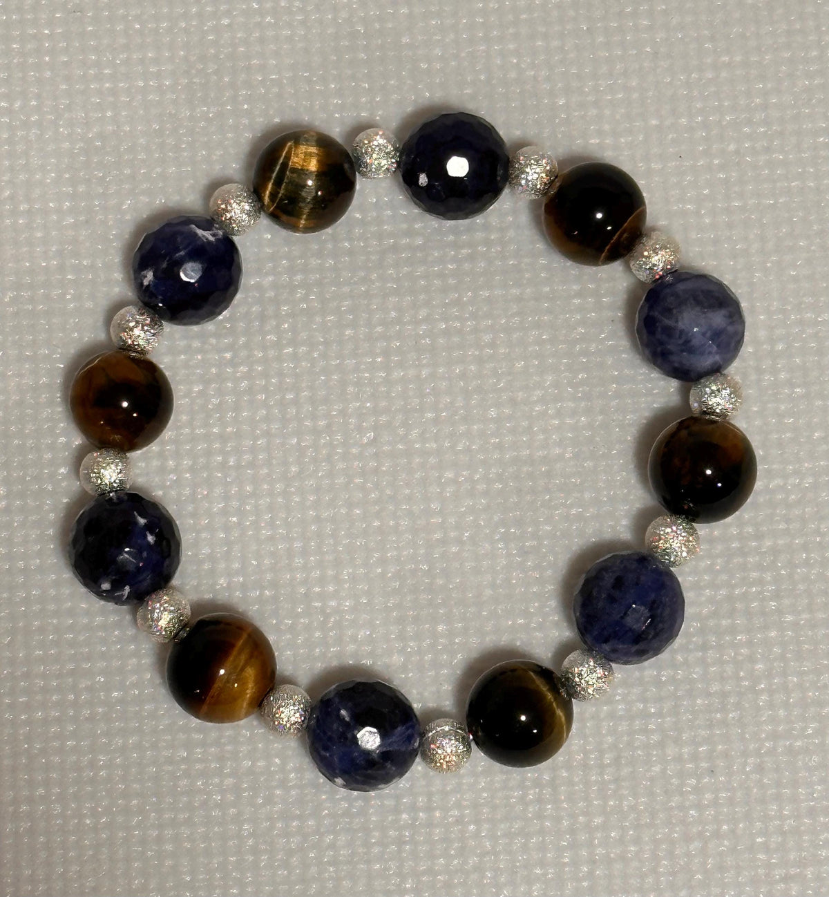 Unique Gemstone Stretch Bracelet, Sodalite and Yellow Tiger Eye with Sterling-plated accents, energy healing