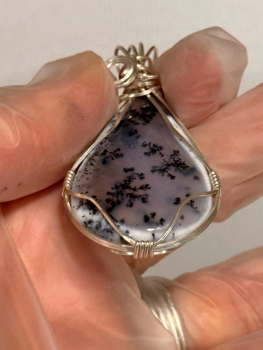 Dendritic Agate Pendant, Wire Wrapped Argentium Silver, Artisan Jewelry