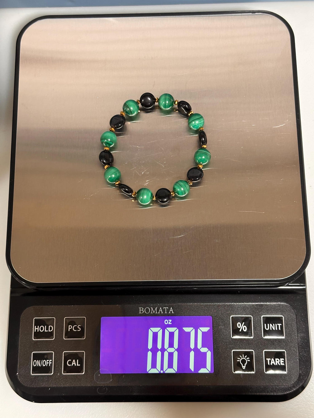 Gemstone stretch bracelet, Malachite and Obsidian with gold crystal accents, energy healing