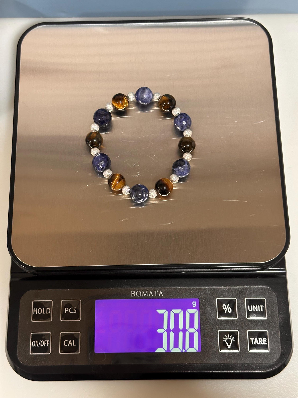 Unique Gemstone Stretch Bracelet, Sodalite and Yellow Tiger Eye with Sterling-plated accents, energy healing