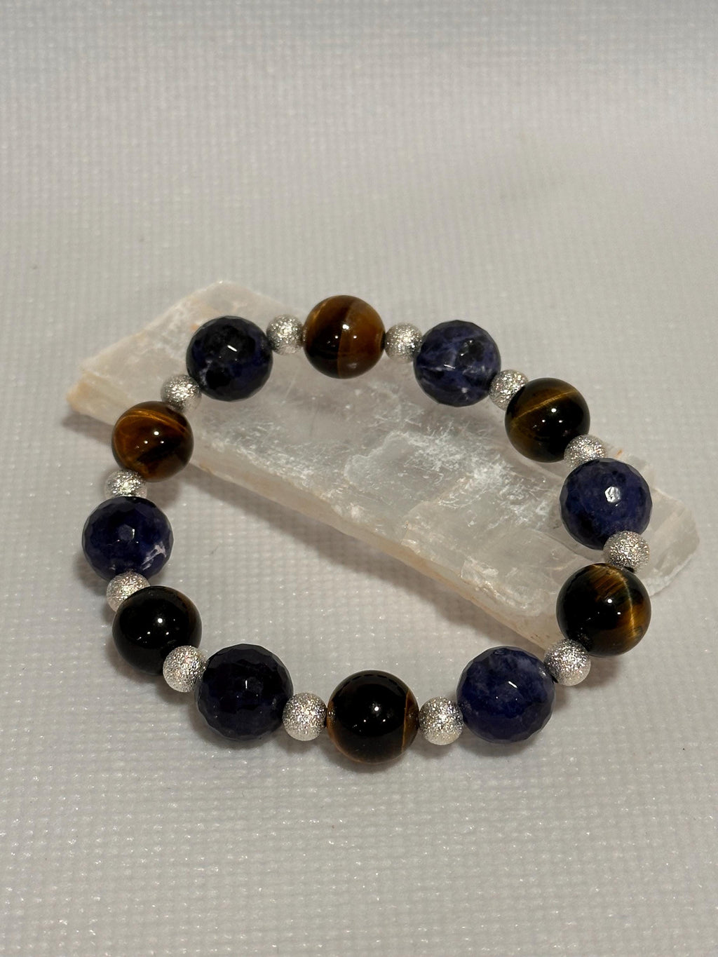 Unique Gemstone Stretch Bracelet, Sodalite and Yellow Tiger Eye with Sterling-plated accents, energy healing