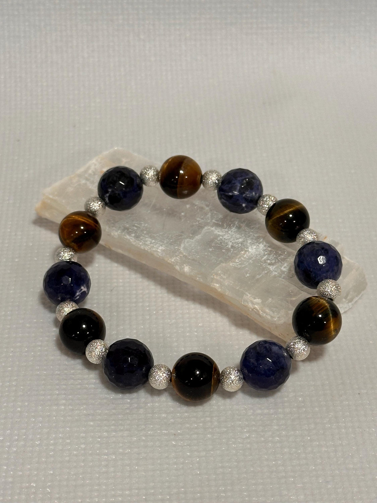 Unique Gemstone Stretch Bracelet, Sodalite and Yellow Tiger Eye with Sterling-plated accents, energy healing