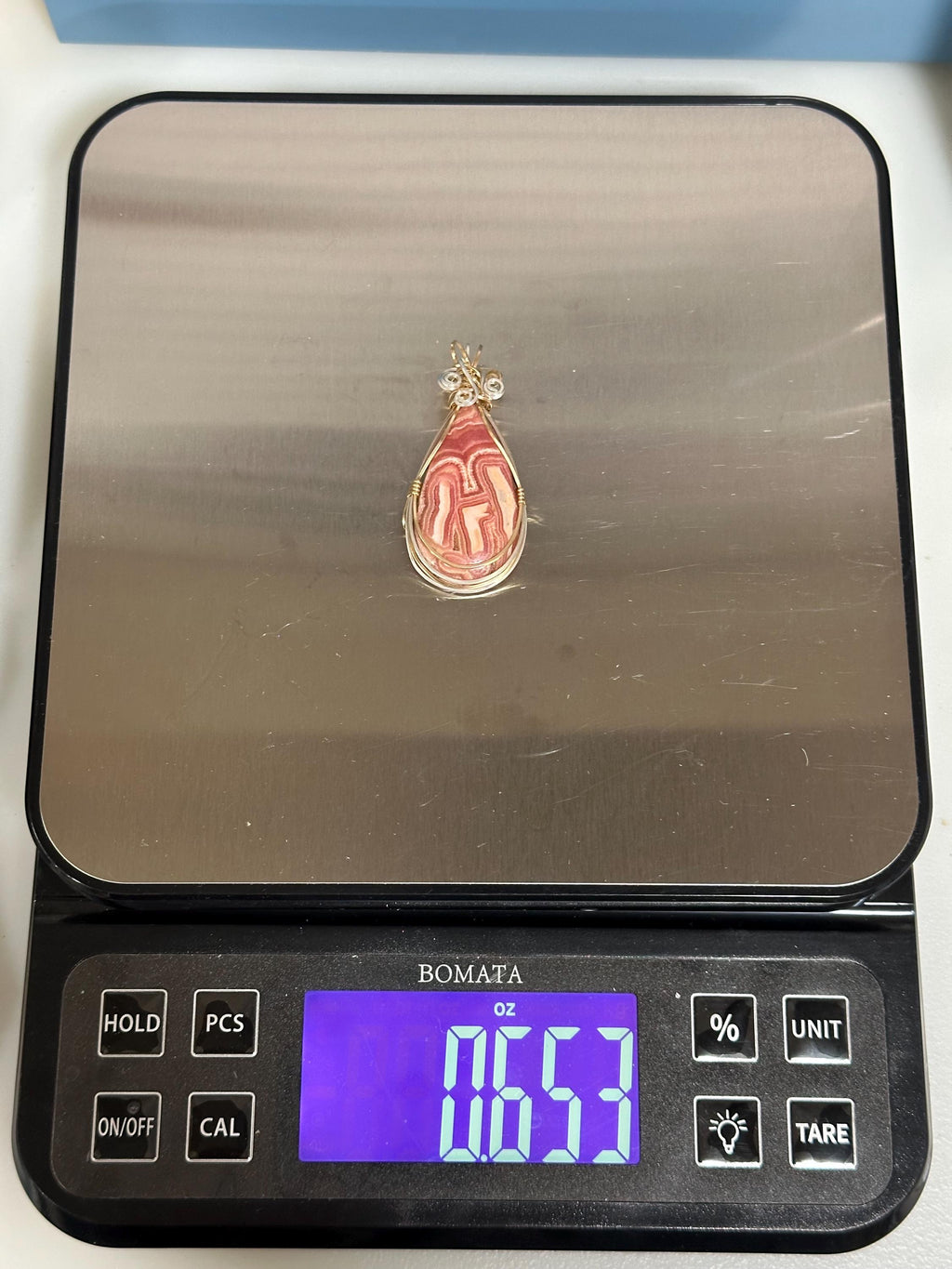 Whimsical Rhodochrosite pendant, two-tone wire wrapped in tarnish-resistant Argentium Silver and 14/20 yellow gold