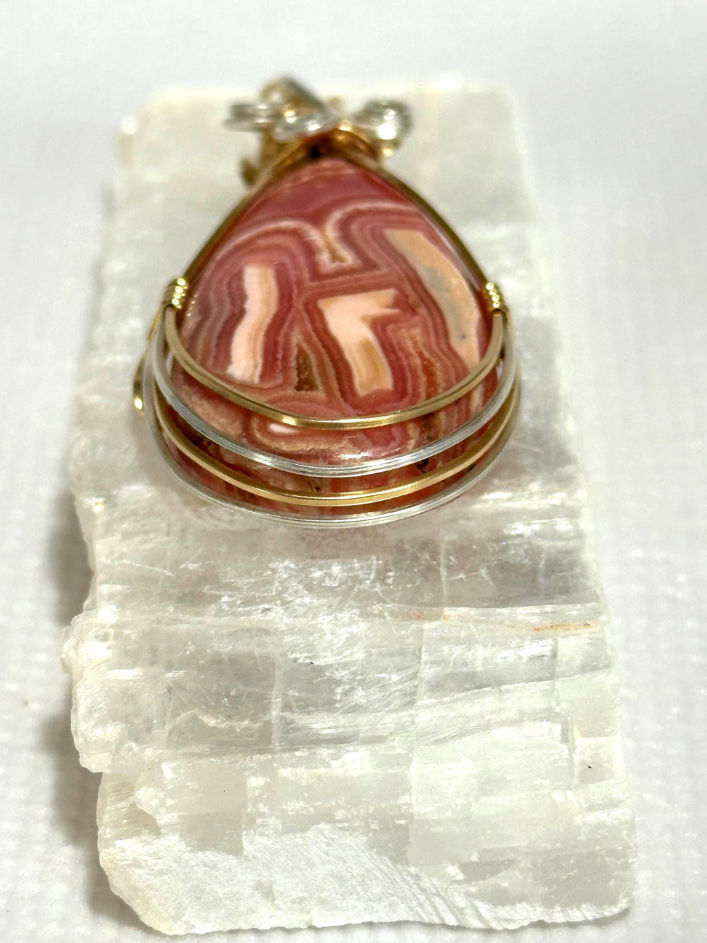 Whimsical Rhodochrosite pendant, two-tone wire wrapped in tarnish-resistant Argentium Silver and 14/20 yellow gold