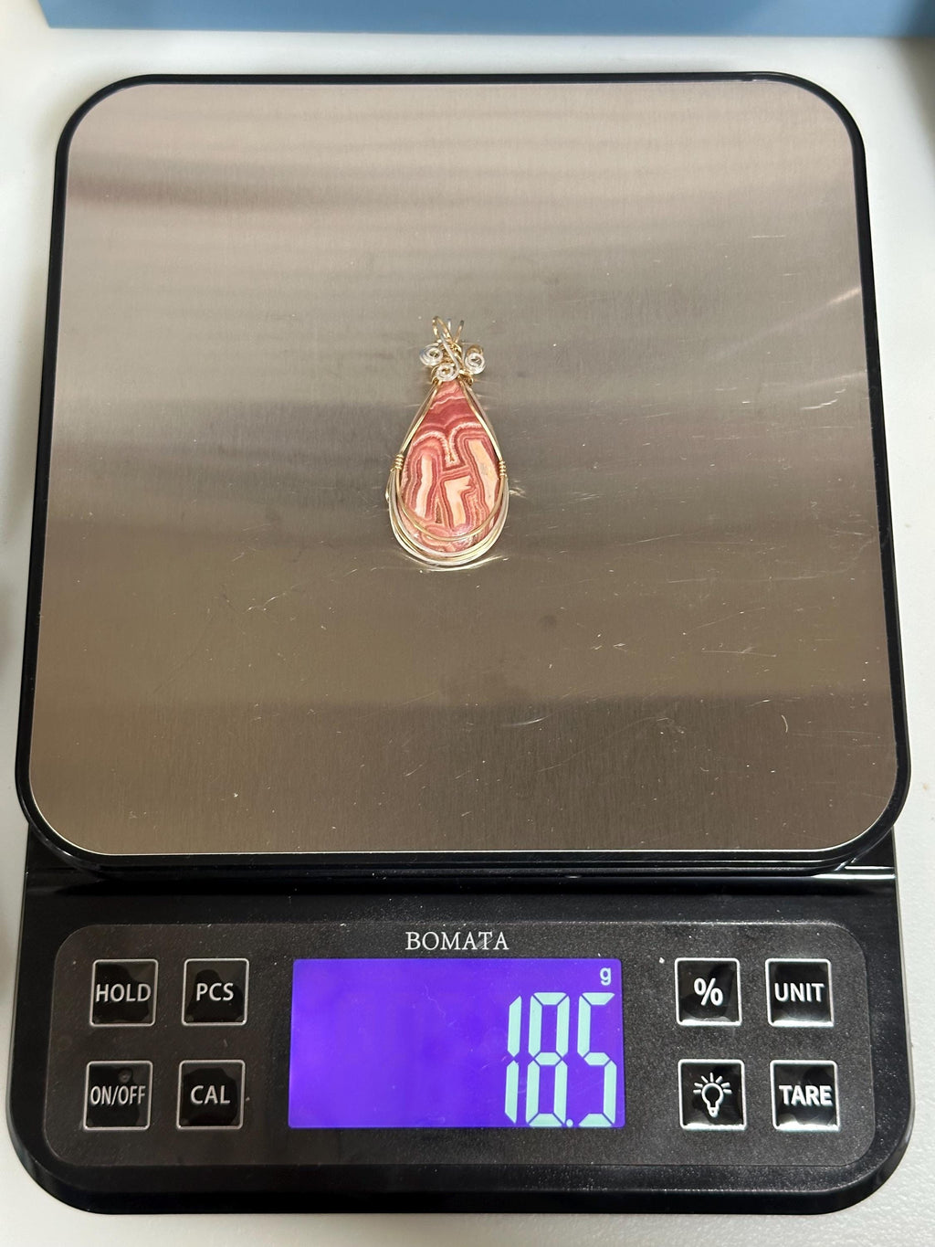 Whimsical Rhodochrosite pendant, two-tone wire wrapped in tarnish-resistant Argentium Silver and 14/20 yellow gold