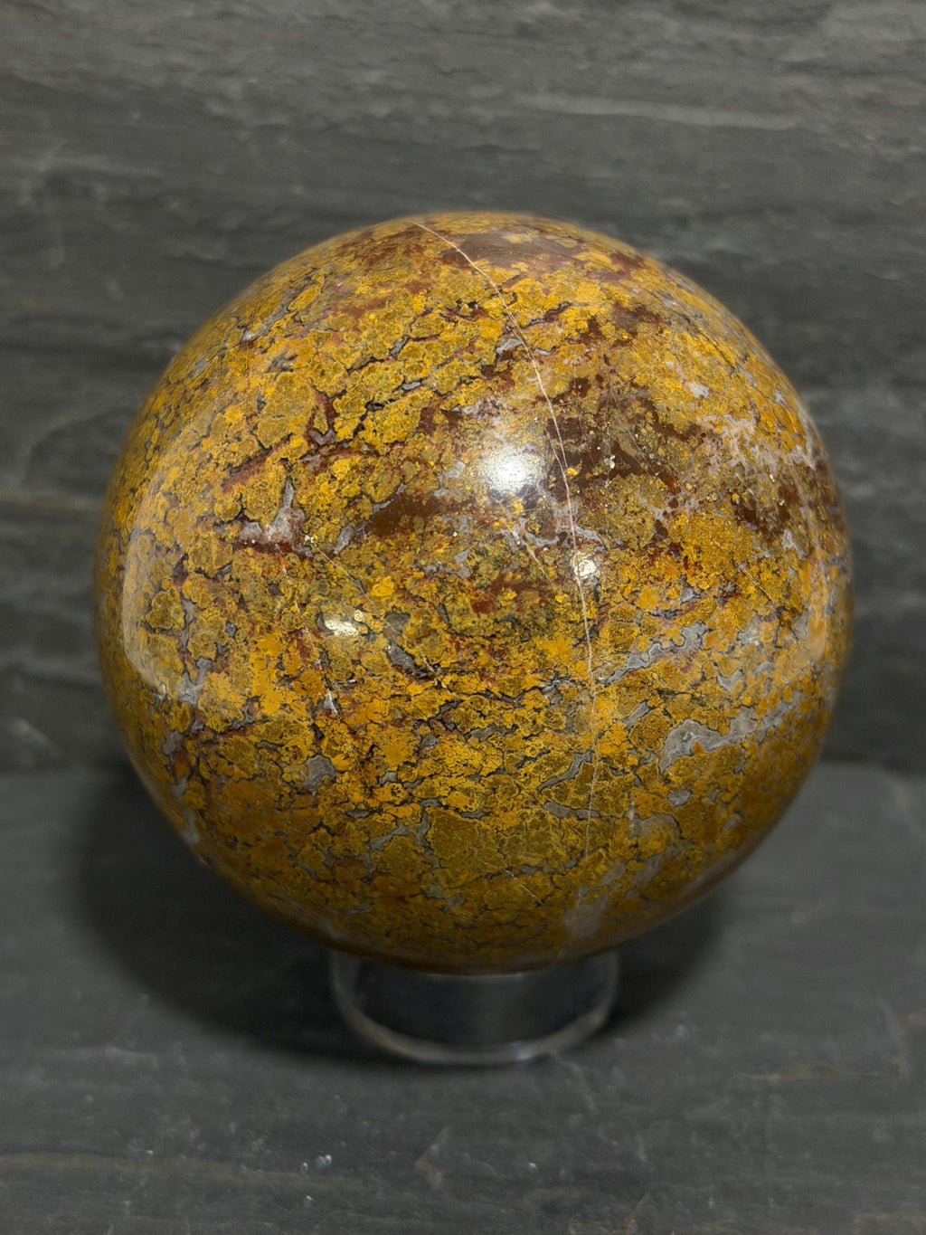 Maury Mountain Moss Agate Sphere, Oregon Moss Agate, Golden Ochre Plume Agate, 3.08 Inch Polished Stone Sphere