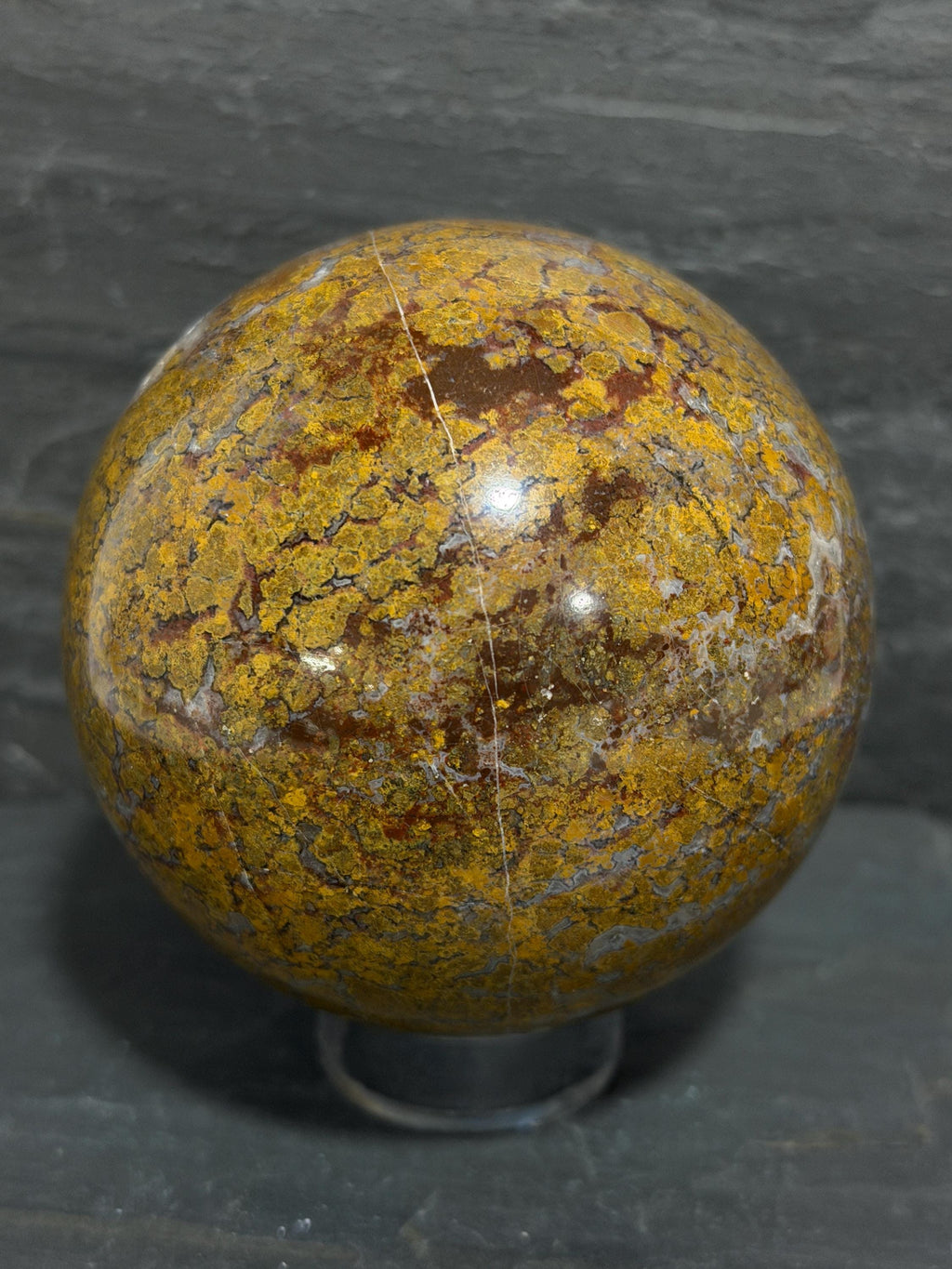 Maury Mountain Moss Agate Sphere, Oregon Moss Agate, Golden Ochre Plume Agate, 3.08 Inch Polished Stone Sphere