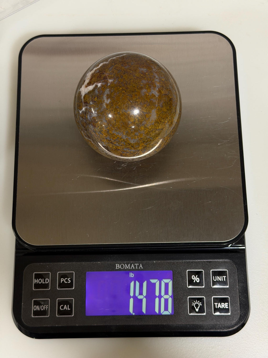 Maury Mountain Moss Agate Sphere, Oregon Moss Agate, Golden Ochre Plume Agate, 3.08 Inch Polished Stone Sphere