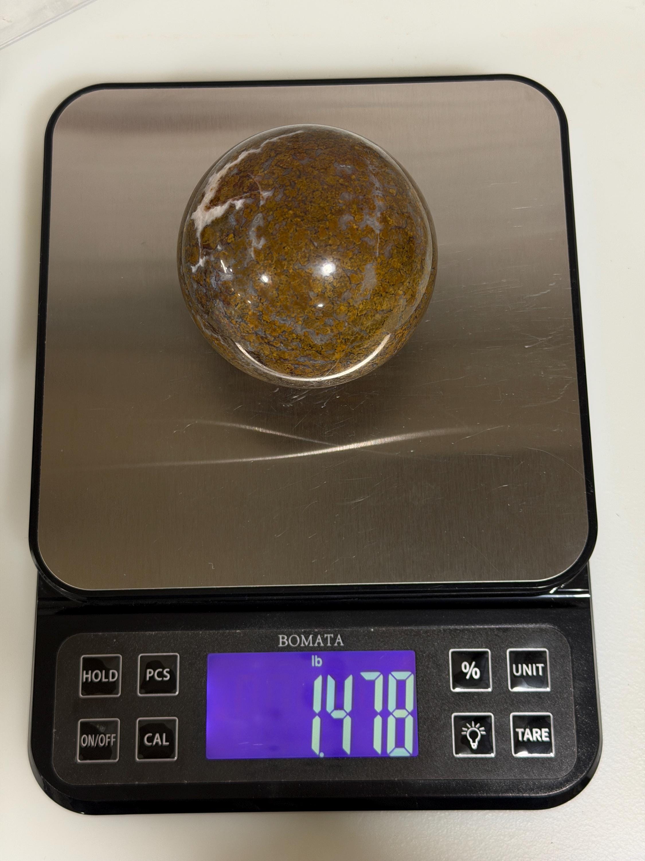Maury Mountain Moss Agate Sphere, Oregon Moss Agate, Golden Ochre Plume Agate, 3.08 Inch Polished Stone Sphere