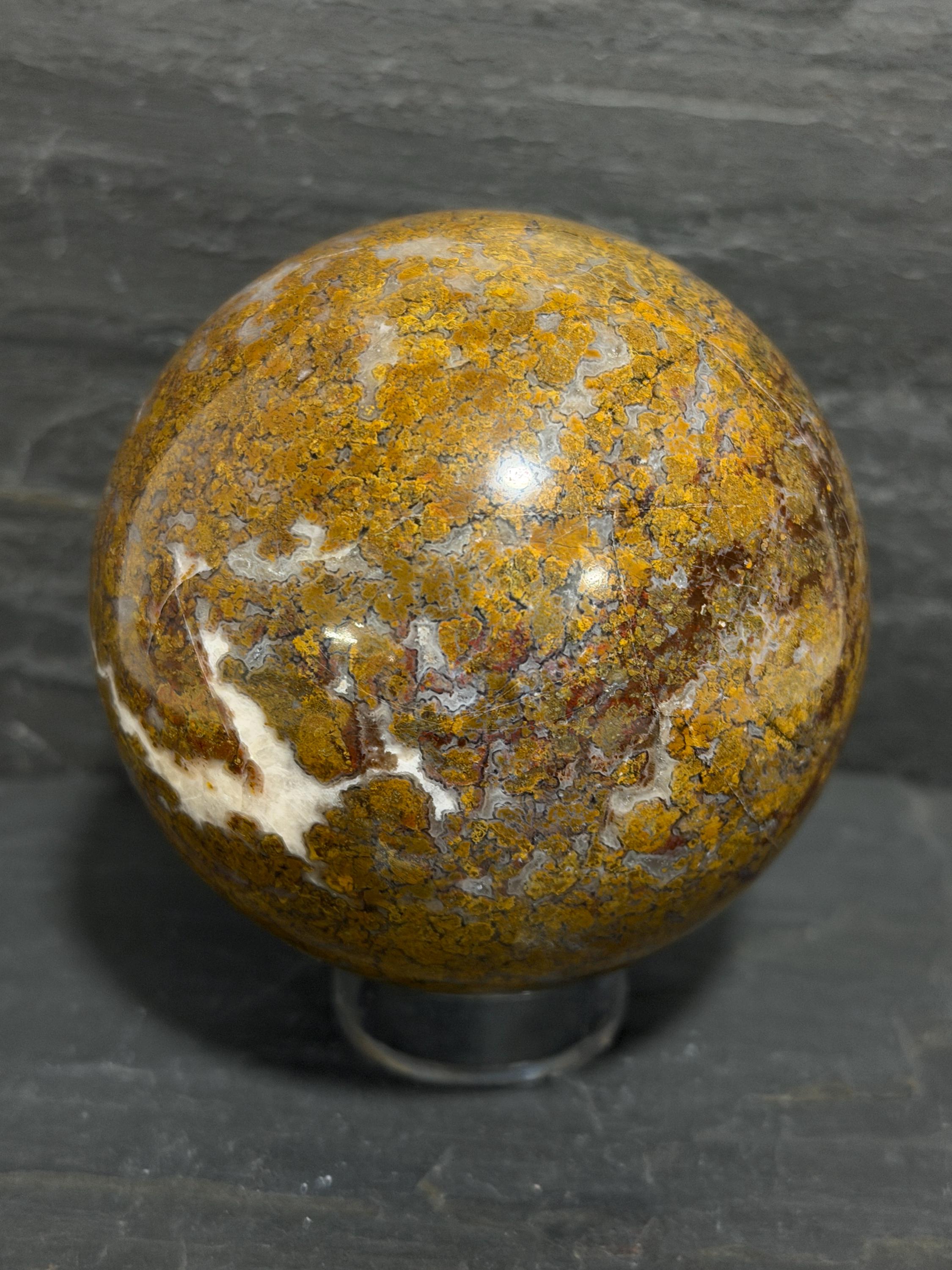 Maury Mountain Moss Agate Sphere, Oregon Moss Agate, Golden Ochre Plume Agate, 3.08 Inch Polished Stone Sphere