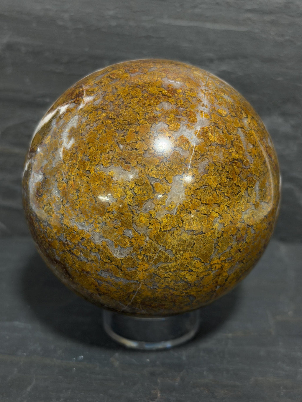 Maury Mountain Moss Agate Sphere, Oregon Moss Agate, Golden Ochre Plume Agate, 3.08 Inch Polished Stone Sphere