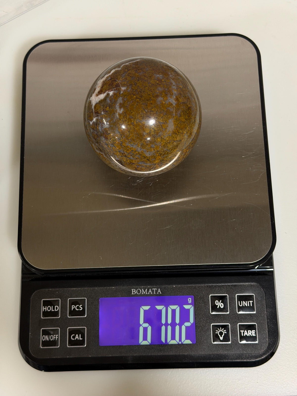 Maury Mountain Moss Agate Sphere, Oregon Moss Agate, Golden Ochre Plume Agate, 3.08 Inch Polished Stone Sphere