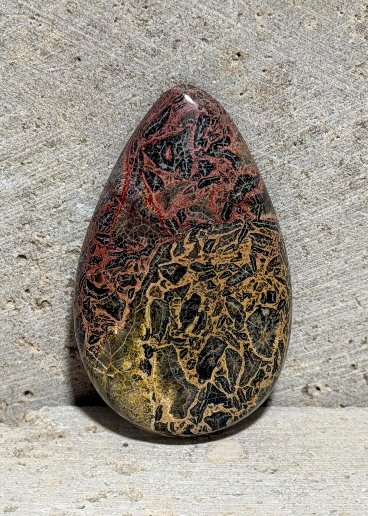 Galaxy Rhyolite Cabochon, Red Gold Black Matrix, Teardrop Gemstone, Designer Cabochon, Lapidary Stone