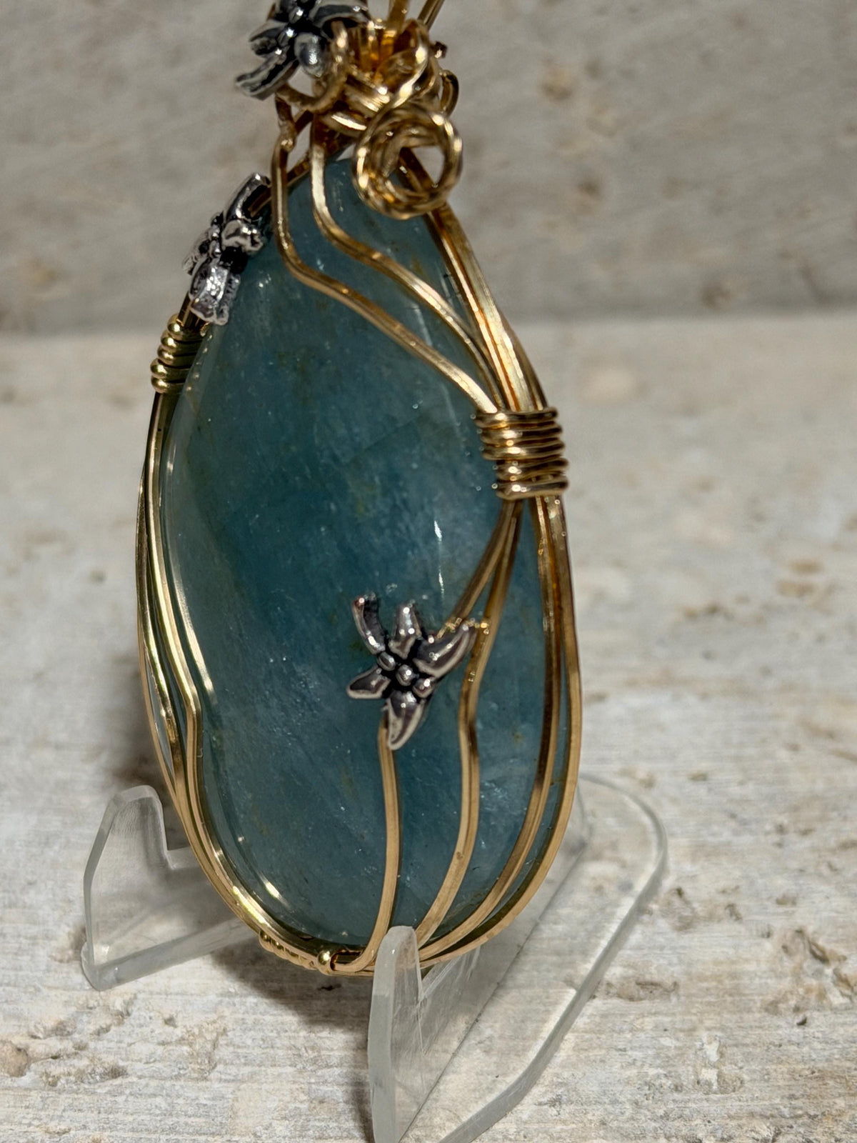 Aquamarine Pendant, Wire Wrapped in 14/20 Yellow Gold, Whimsical Jewelry, Silver Dragonflies