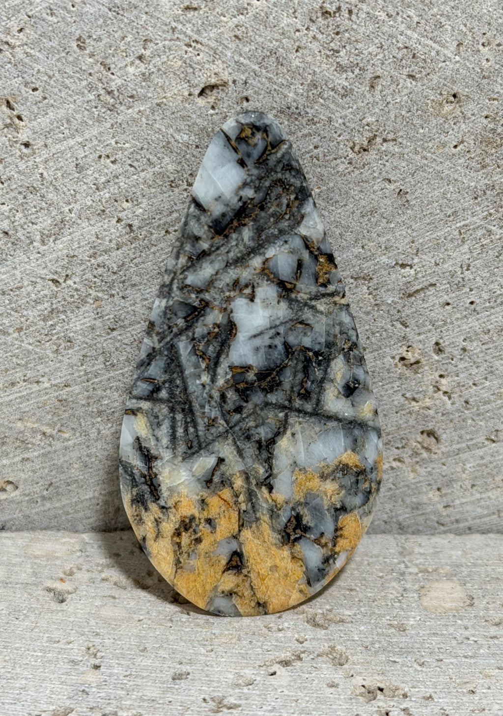 Canadian Pinolith large teardrop cabochon, yellow breccia gemstone for jewelry making—RARE