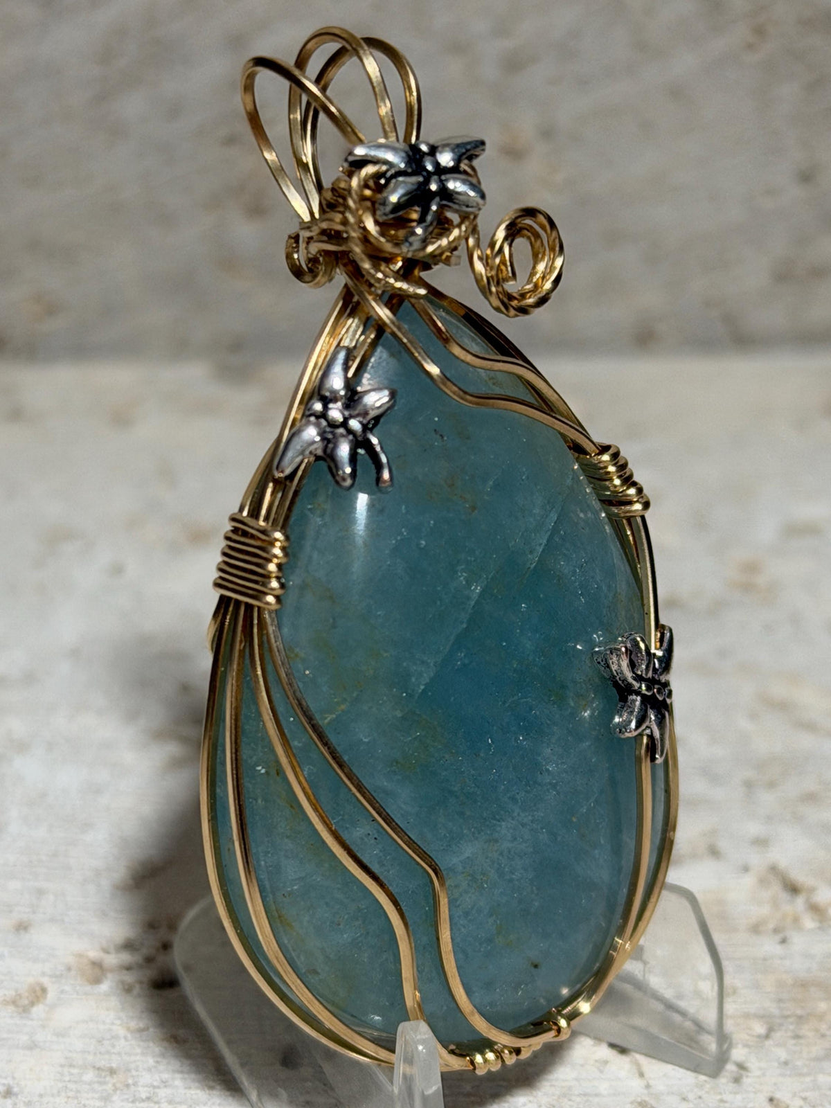 Aquamarine Pendant, Wire Wrapped in 14/20 Yellow Gold, Whimsical Jewelry, Silver Dragonflies
