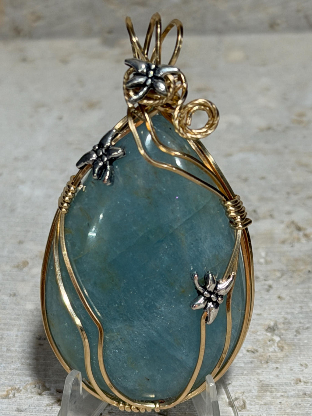 Aquamarine Pendant, Wire Wrapped in 14/20 Yellow Gold, Whimsical Jewelry, Silver Dragonflies